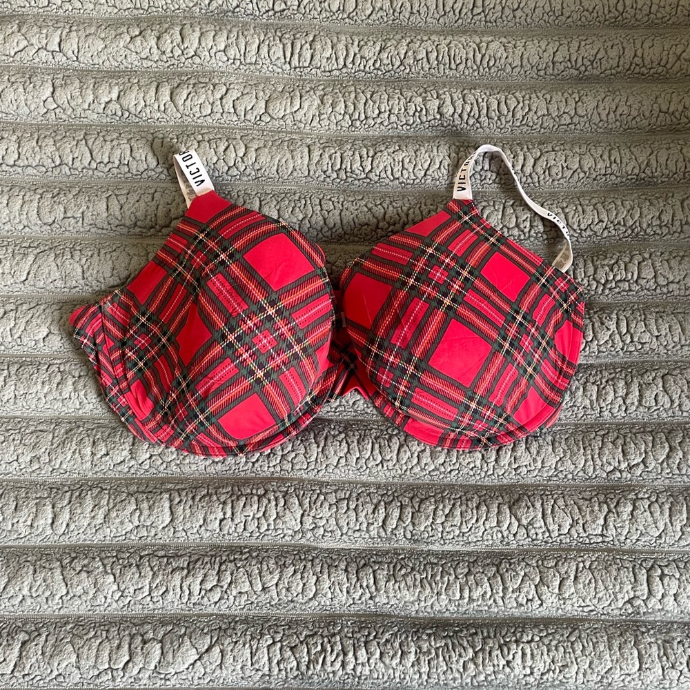 Victoria's Secret Vibrant Red Checkered Bra and White Logo Straps